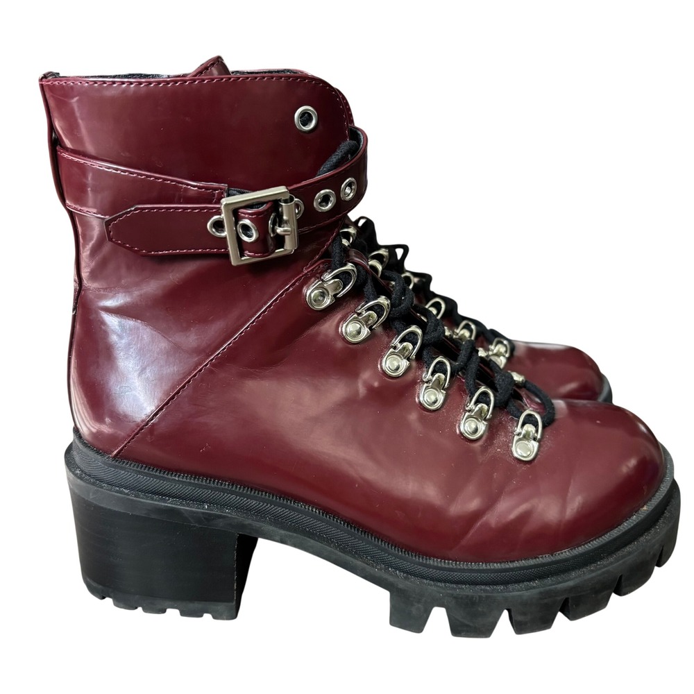 Jeffrey‎ Campbell Czech Combat Boots Sz 8.5 Burgundy Red Patent Faux Leather